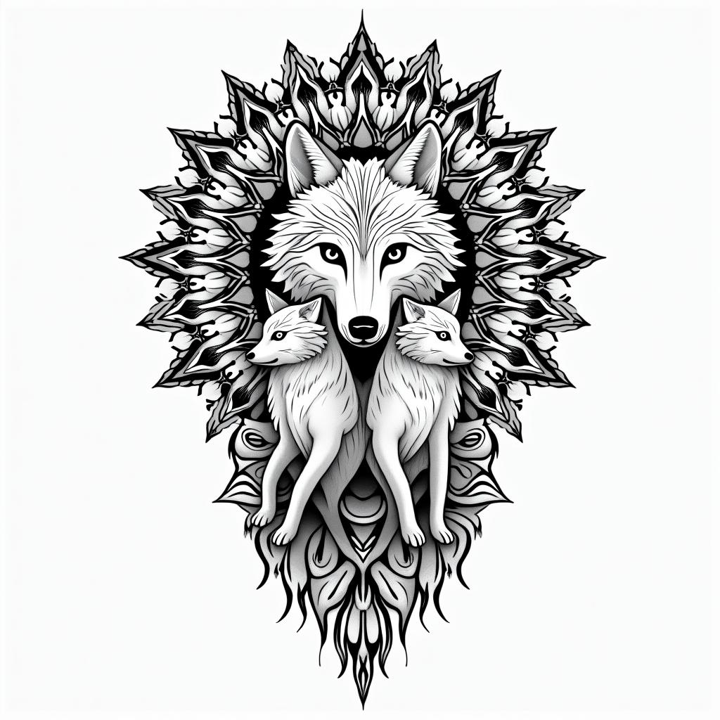 She-wolf with two wolf cubs.in dotwork style tattoo, complex mandala patterns, interlocking geometric shapes with sharp symmetry, clean lines, sharp angles