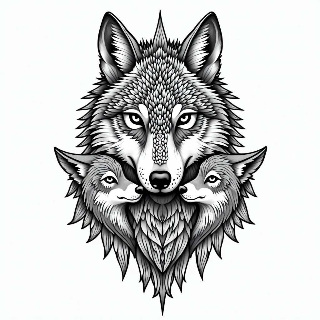 She-wolf with two wolf cubs.in dotwork style tattoo, complex mandala patterns, interlocking geometric shapes with sharp symmetry, clean lines, sharp angles - Variation 2