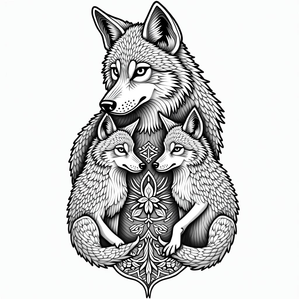 She-wolf with two wolf cubs.in dotwork style tattoo, complex mandala patterns, interlocking geometric shapes with sharp symmetry, clean lines, sharp angles - Variation 4