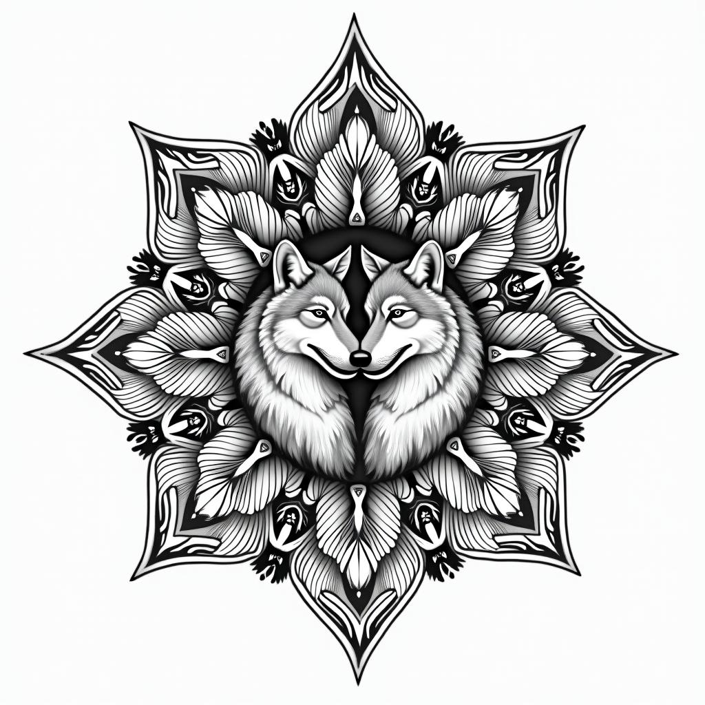 She-wolf with two wolf cubs.in dotwork style tattoo, complex mandala patterns, interlocking geometric shapes with sharp symmetry, clean lines, sharp angles - Variation 3