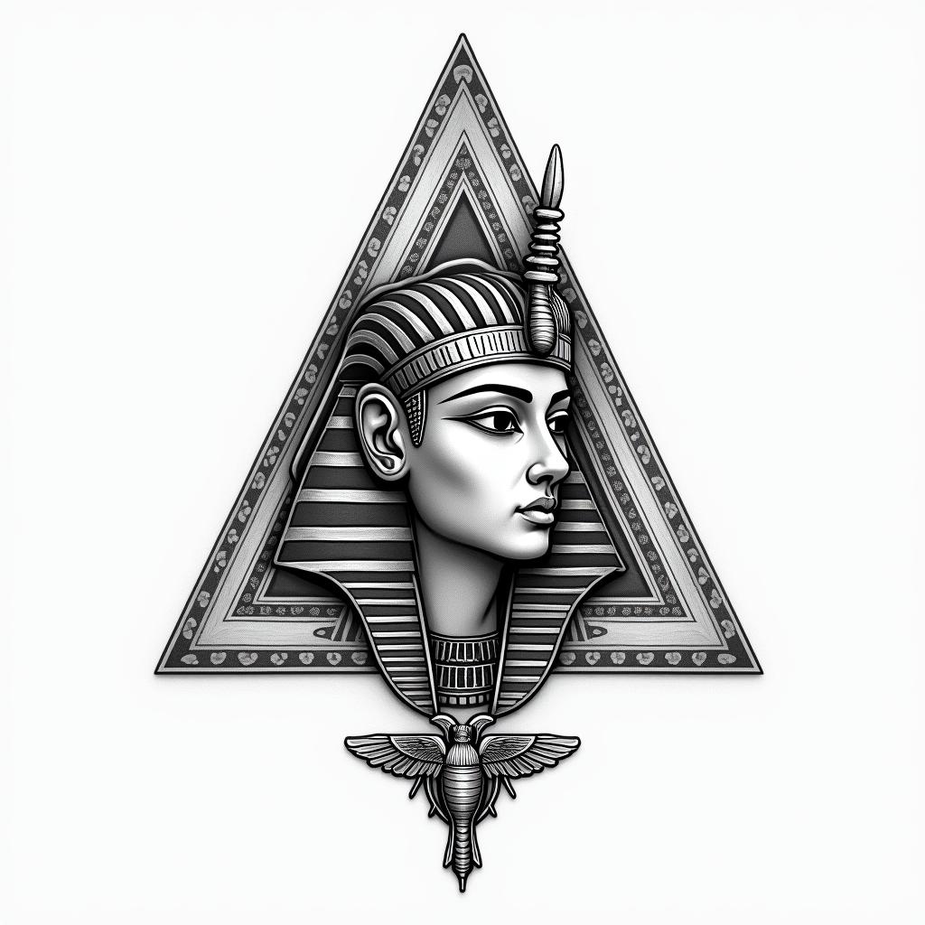 Simple triangle with a line throughin egyptian style tattoo, bold elements of ancient egyptian culture including a portrait of an Egyptian pharaoh with detailed facial features, in hieroglyphs and symbolic imagery, eye of horus, ankh symbol, scarab beetle - Variation 3