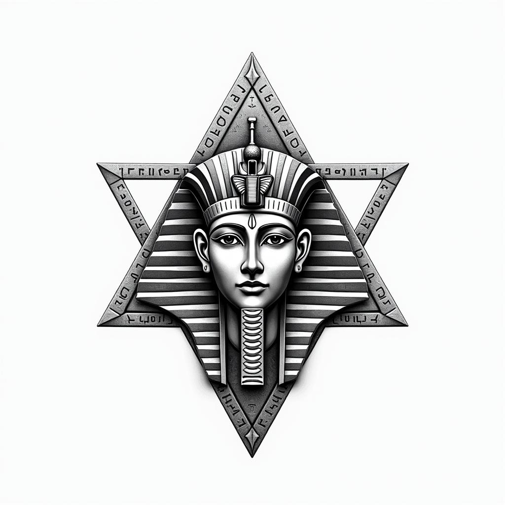 Simple triangle with a line throughin egyptian style tattoo, bold elements of ancient egyptian culture including a portrait of an Egyptian pharaoh with detailed facial features, in hieroglyphs and symbolic imagery, eye of horus, ankh symbol, scarab beetle - Variation 1