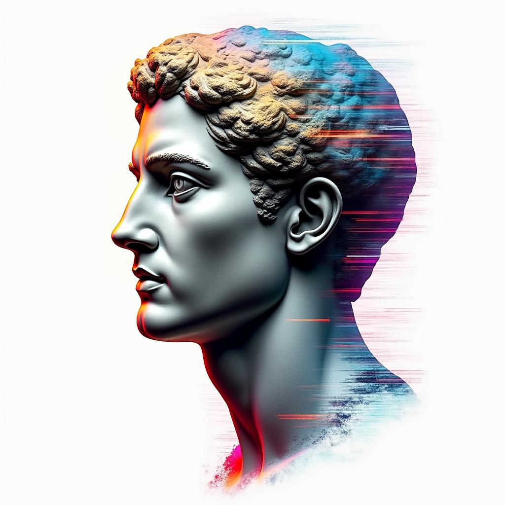 Planet earthin distorted and fragmented tattoo design, featuring a classical statue bust, in a glitch art style with vibrant, overlapping colors of cyan, magenta, and yellow, creating a digital distortion effect - Variation 4