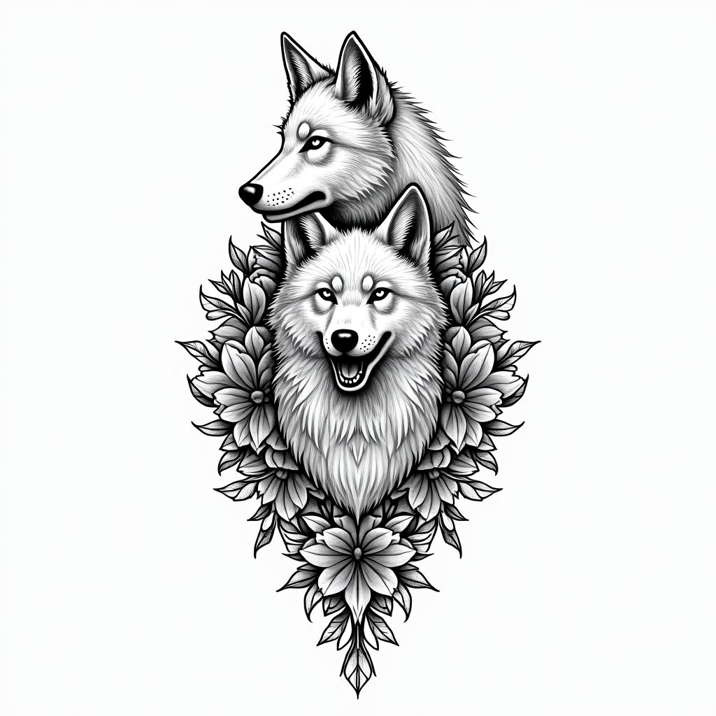 She-wolf and two wolf cubsin ornamental tattoo style, featuring intricate symmetrical patterns and floral designs, showcasing highly detailed line work and geometric shapes, creating a sense of elegance and balance - Variation 2