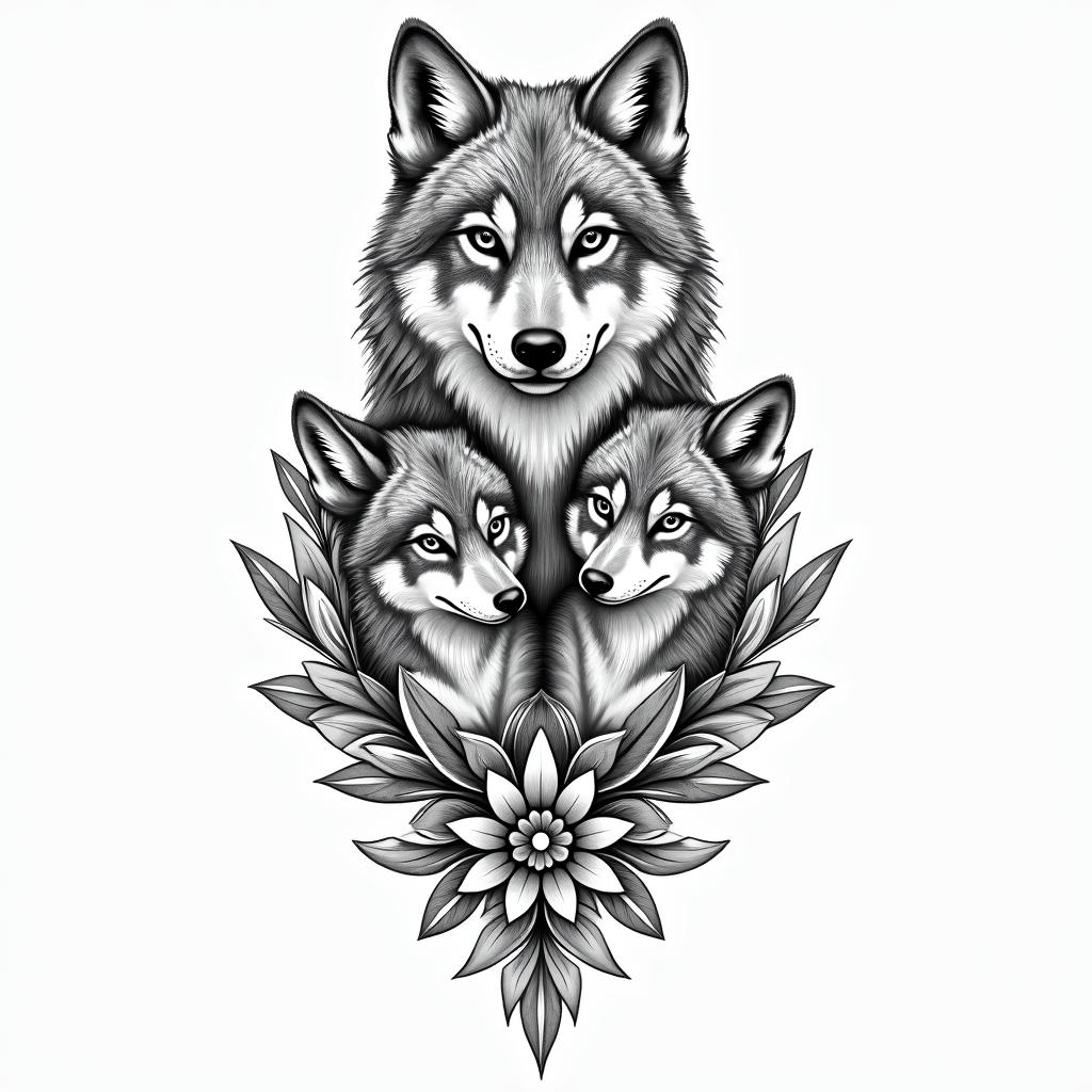 She-wolf and two wolf cubsin ornamental tattoo style, featuring intricate symmetrical patterns and floral designs, showcasing highly detailed line work and geometric shapes, creating a sense of elegance and balance - Variation 1
