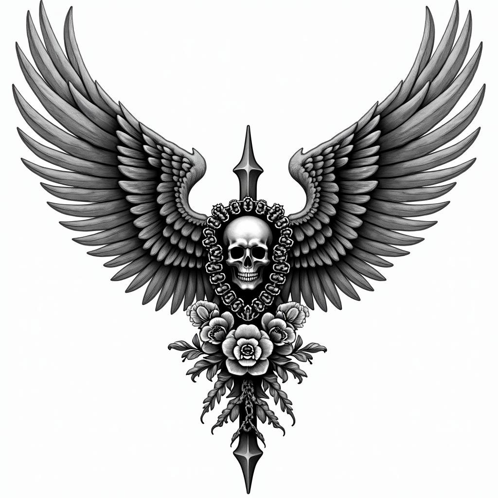 Angel wings with detailed feathersin chicano style tattoo, featuring intricate black and grey shading, bold elements of traditional chicano culture symbols, add a big cross with skull, chains and roses - Variation 12