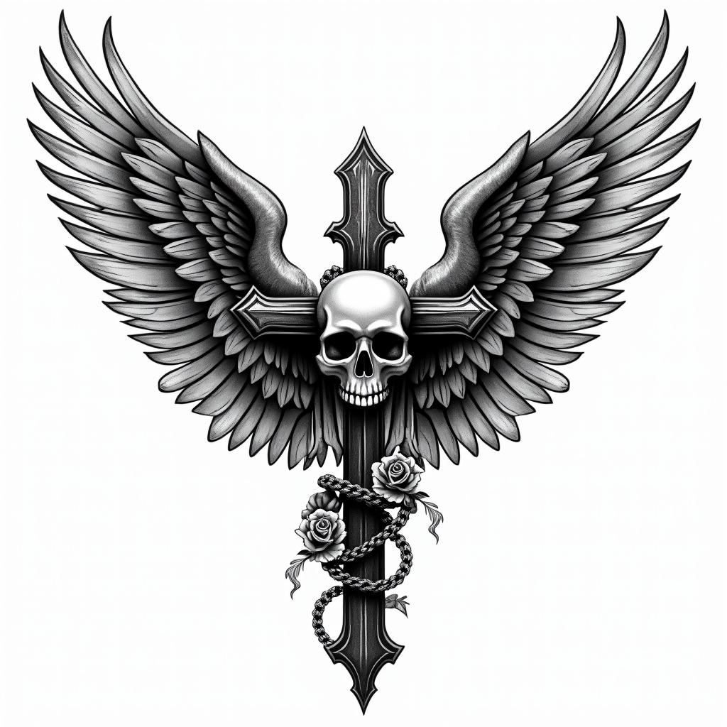 Angel wings with detailed feathersin chicano style tattoo, featuring intricate black and grey shading, bold elements of traditional chicano culture symbols, add a big cross with skull, chains and roses - Variation 9