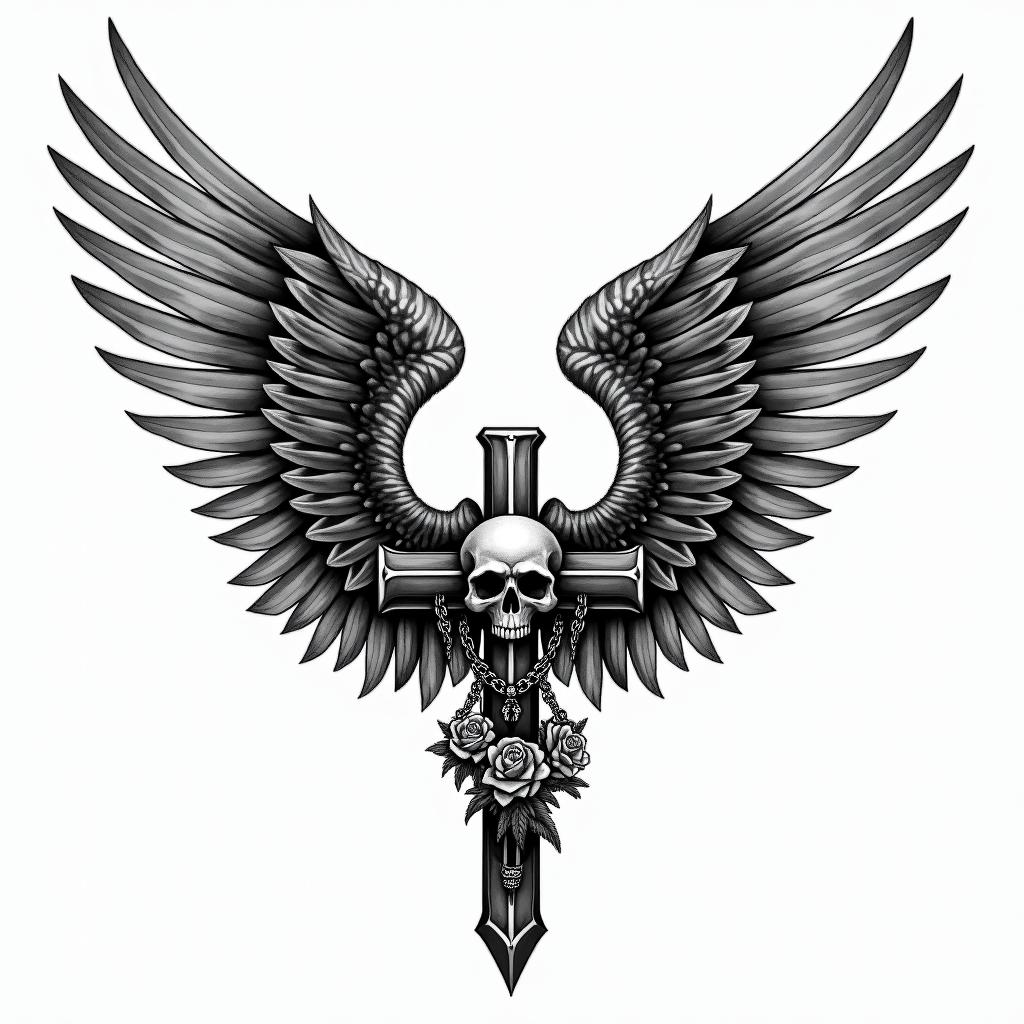 Angel wings with detailed feathersin chicano style tattoo, featuring intricate black and grey shading, bold elements of traditional chicano culture symbols, add a big cross with skull, chains and roses - Variation 6