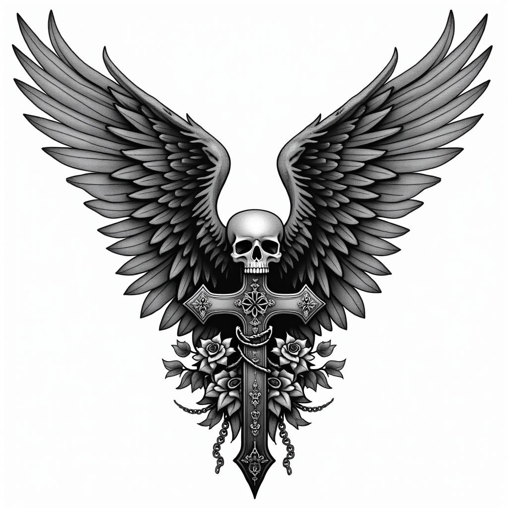 Angel wings with detailed feathersin chicano style tattoo, featuring intricate black and grey shading, bold elements of traditional chicano culture symbols, add a big cross with skull, chains and roses - Variation 5