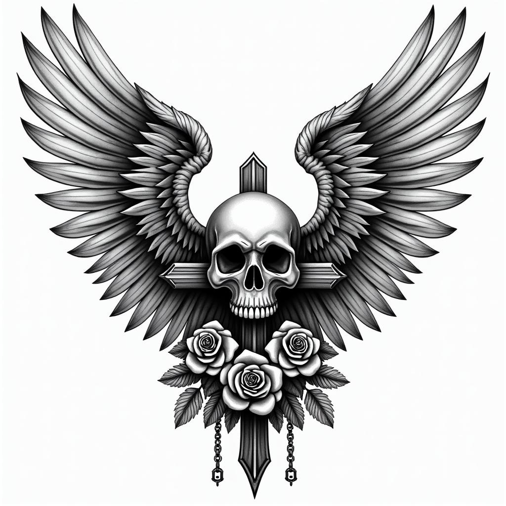 Angel wings with detailed feathersin chicano style tattoo, featuring intricate black and grey shading, bold elements of traditional chicano culture symbols, add a big cross with skull, chains and roses - Variation 10