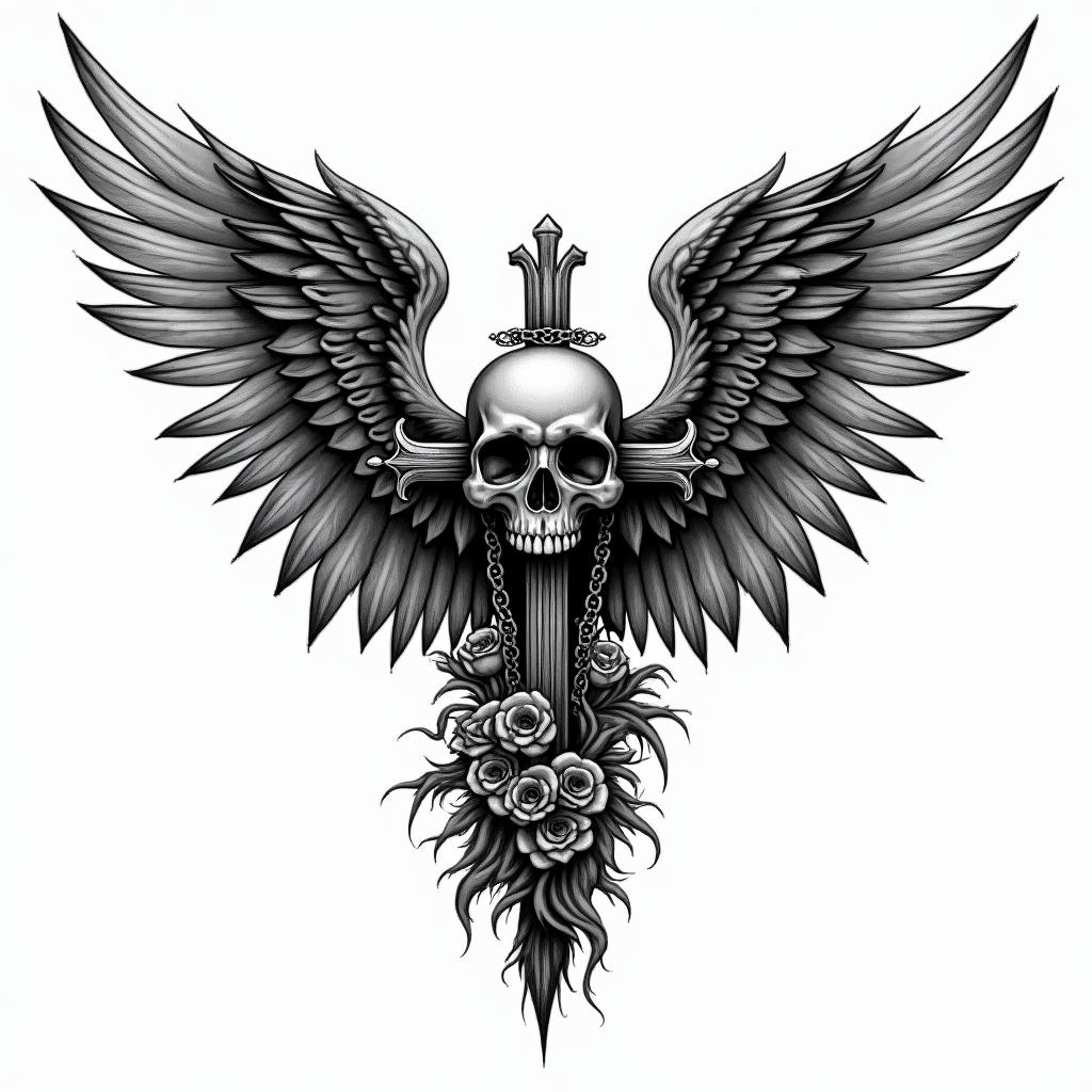 Angel wings with detailed feathersin chicano style tattoo, featuring intricate black and grey shading, bold elements of traditional chicano culture symbols, add a big cross with skull, chains and roses - Variation 7