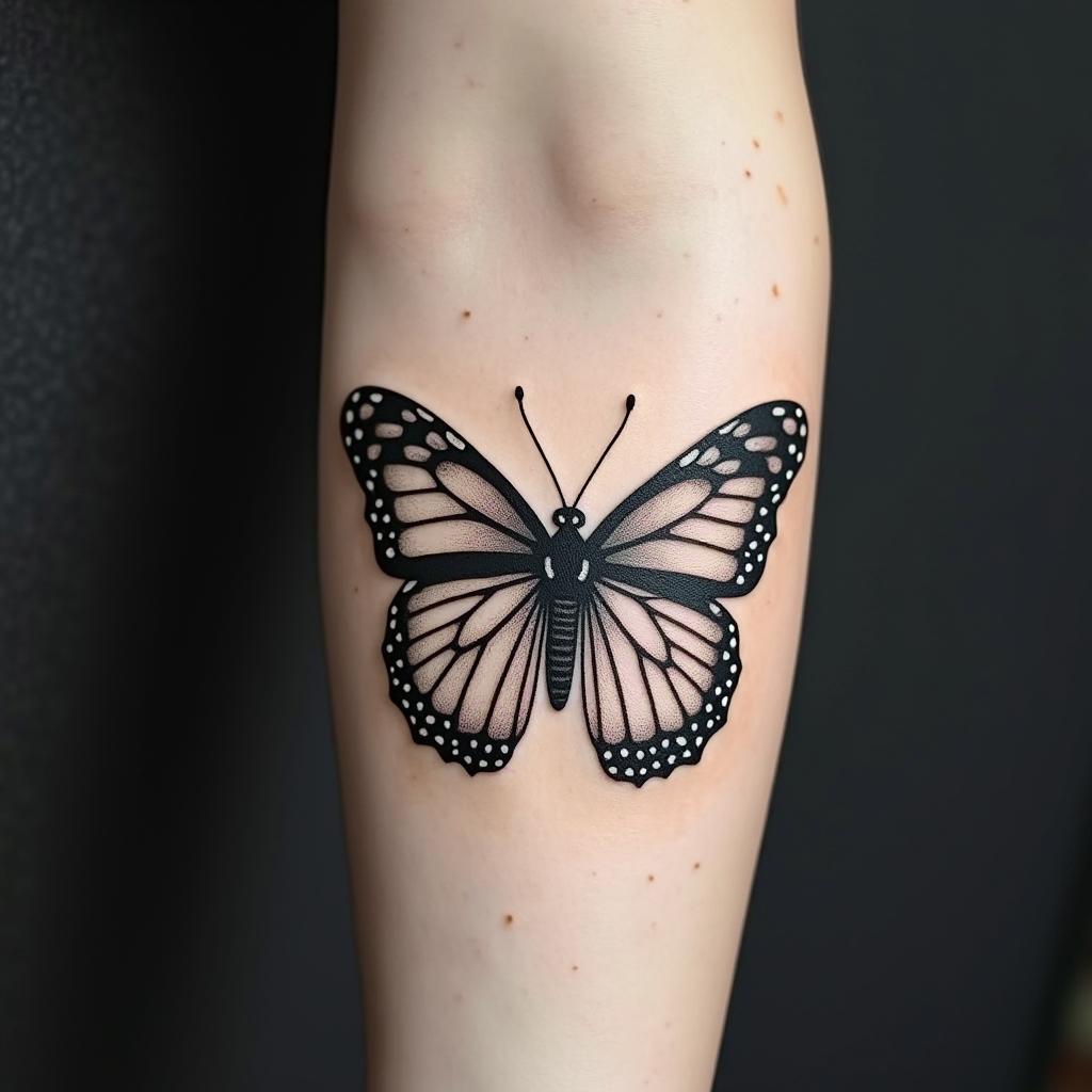Butterfly with intricate wing patternsminimalist text-based tattoo, Monospace font ultra-realistic, perfectly placed, high-quality font design, photo-realistic shading, 8k, high quality, finely detailed typograph - Variation 2