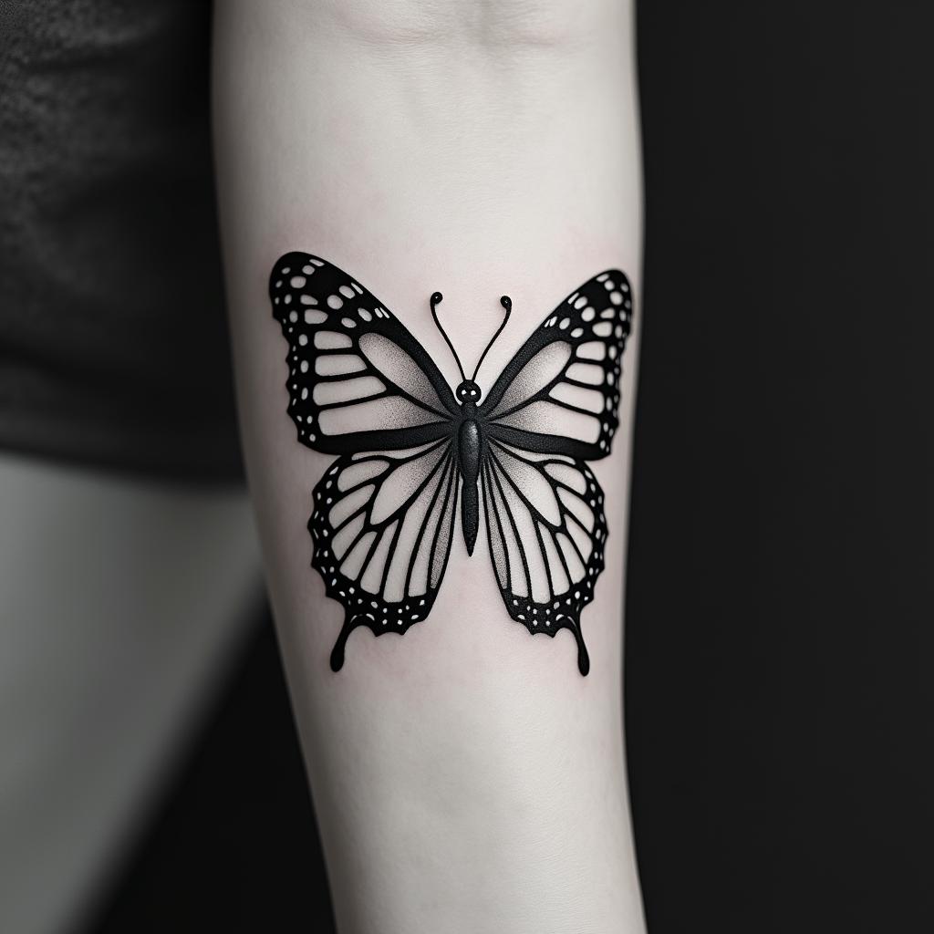Butterfly with intricate wing patternsminimalist text-based tattoo, Monospace font ultra-realistic, perfectly placed, high-quality font design, photo-realistic shading, 8k, high quality, finely detailed typograph - Variation 3