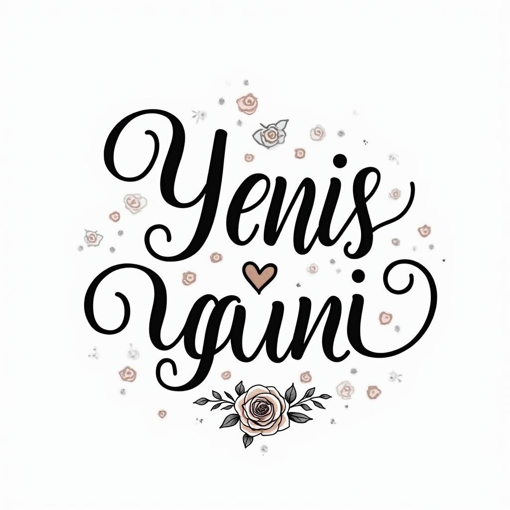 My brother named Yanis passed away in a motorcycle accident. He is a Gemini, and I would like to get a simple and discreet tattoo in his memory.in elegant cursive calligraphy style 2d tattoo, decorate with roses, featuring a smooth and flowing handwritten script with slightly thickened strokes for a luxurious and bold appearance, heart symbol between names, sleek and glossy black text with shadowing, minimalist matte white background, clean and sharp edges, illuminated with soft lighting, romantic, 8k, high-quality textures with refined typography - Variation 4