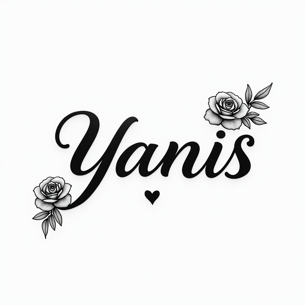 My brother named Yanis passed away in a motorcycle accident. He is a Gemini, and I would like to get a simple and discreet tattoo in his memory.in elegant cursive calligraphy style 2d tattoo, decorate with roses, featuring a smooth and flowing handwritten script with slightly thickened strokes for a luxurious and bold appearance, heart symbol between names, sleek and glossy black text with shadowing, minimalist matte white background, clean and sharp edges, illuminated with soft lighting, romantic, 8k, high-quality textures with refined typography - Variation 2