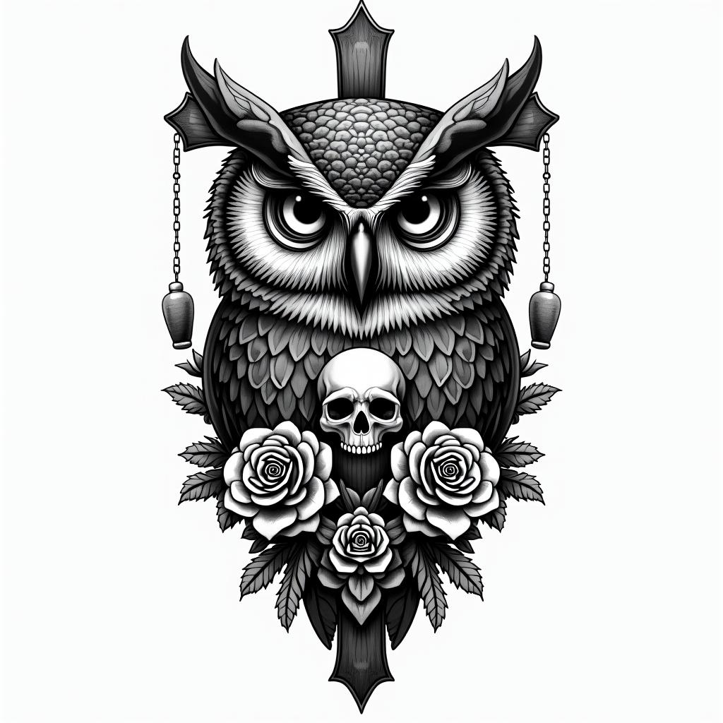 Owl with clocks for eyesin chicano style tattoo, featuring intricate black and grey shading, bold elements of traditional chicano culture symbols, add a big cross with skull, chains and roses - Variation 4