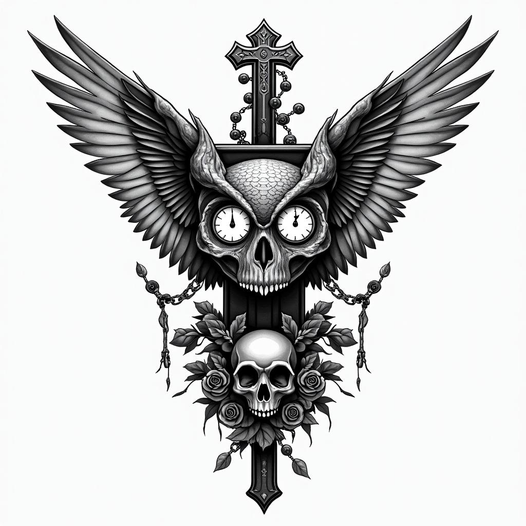 Owl with clocks for eyesin chicano style tattoo, featuring intricate black and grey shading, bold elements of traditional chicano culture symbols, add a big cross with skull, chains and roses