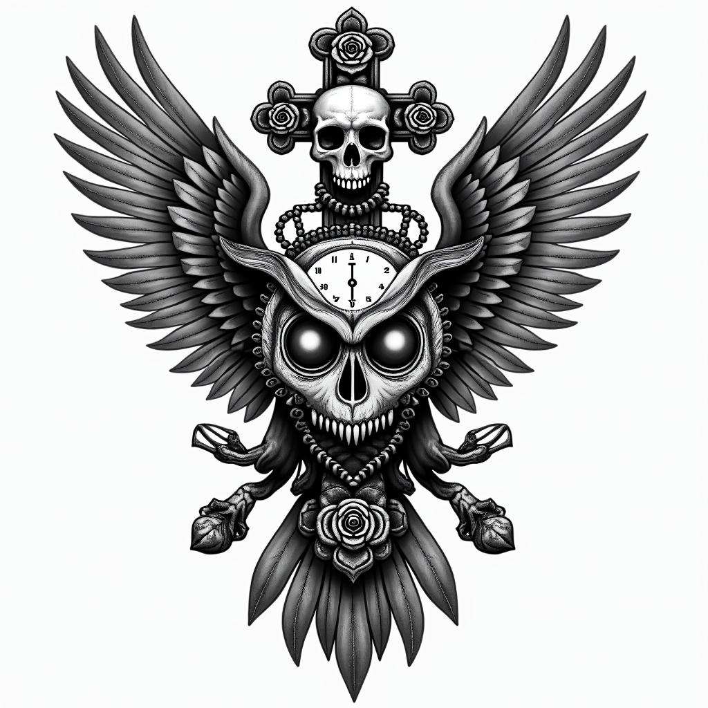 Owl with clocks for eyesin chicano style tattoo, featuring intricate black and grey shading, bold elements of traditional chicano culture symbols, add a big cross with skull, chains and roses - Variation 3