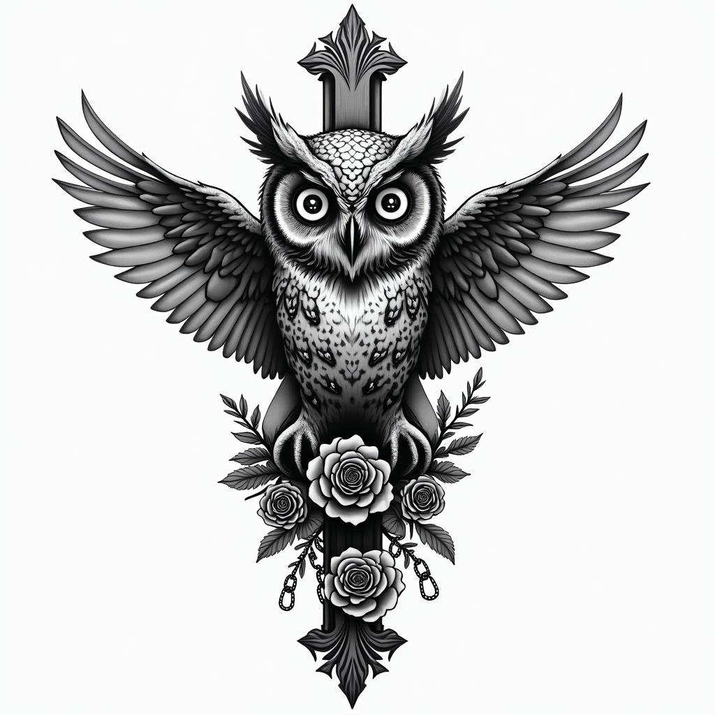 Owl with clocks for eyesin chicano style tattoo, featuring intricate black and grey shading, bold elements of traditional chicano culture symbols, add a big cross with skull, chains and roses - Variation 2