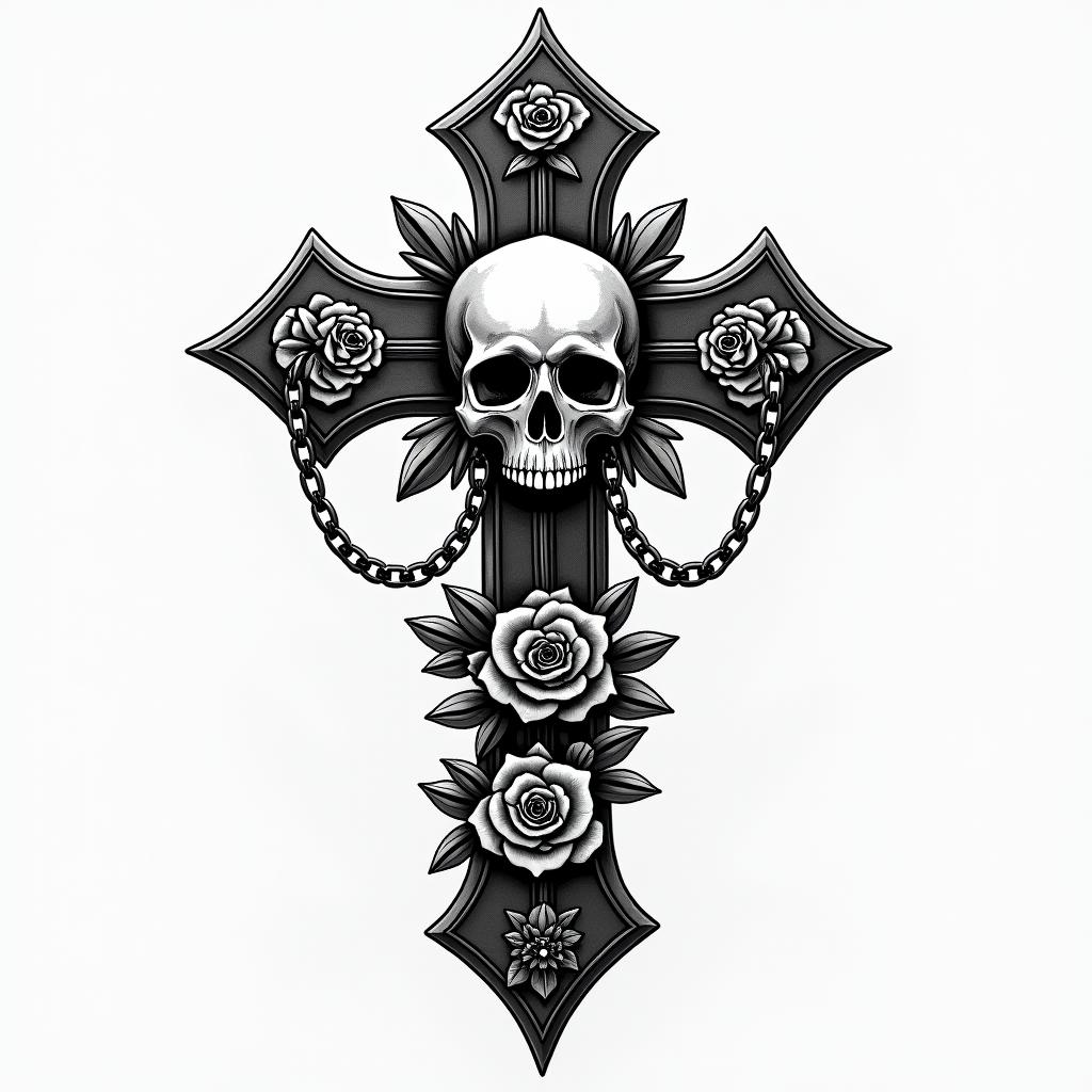 San Jose Californiain chicano style tattoo, featuring intricate black and grey shading, bold elements of traditional chicano culture symbols, add a big cross with skull, chains and roses - Variation 3