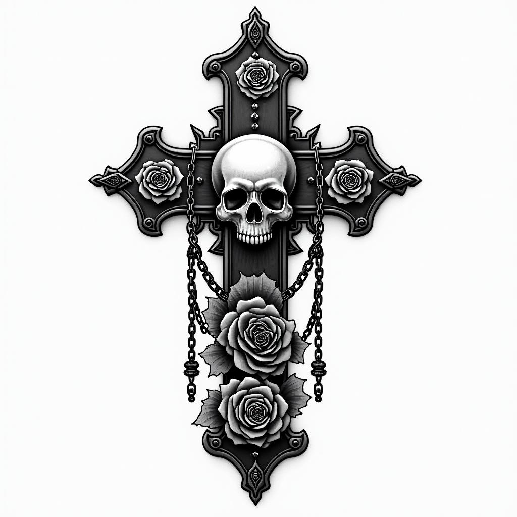 San Jose Californiain chicano style tattoo, featuring intricate black and grey shading, bold elements of traditional chicano culture symbols, add a big cross with skull, chains and roses - Variation 1