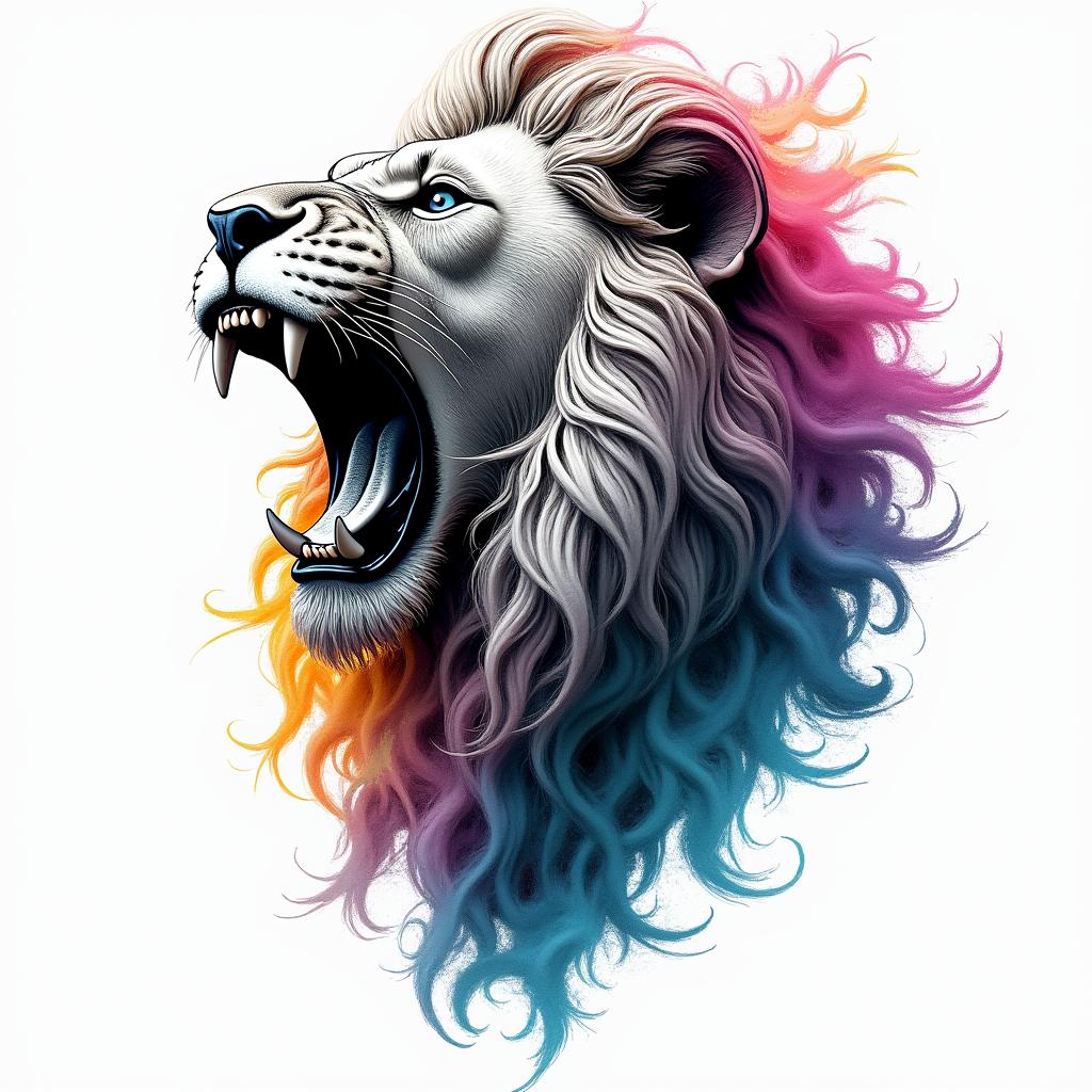 Roaring lion with flowing manein distorted and fragmented tattoo design, featuring a classical statue bust, in a glitch art style with vibrant, overlapping colors of cyan, magenta, and yellow, creating a digital distortion effect - Variation 2