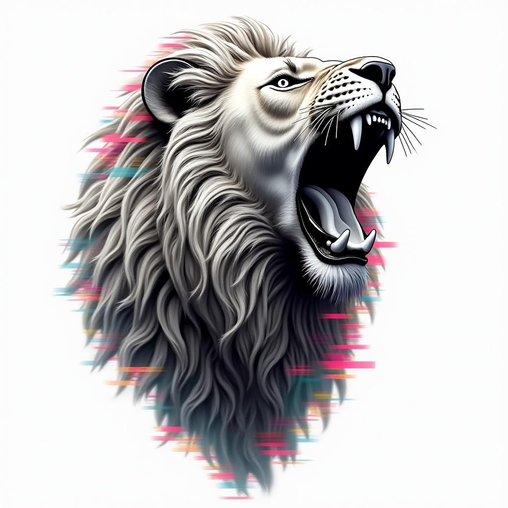 Roaring lion with flowing manein distorted and fragmented tattoo design, featuring a classical statue bust, in a glitch art style with vibrant, overlapping colors of cyan, magenta, and yellow, creating a digital distortion effect