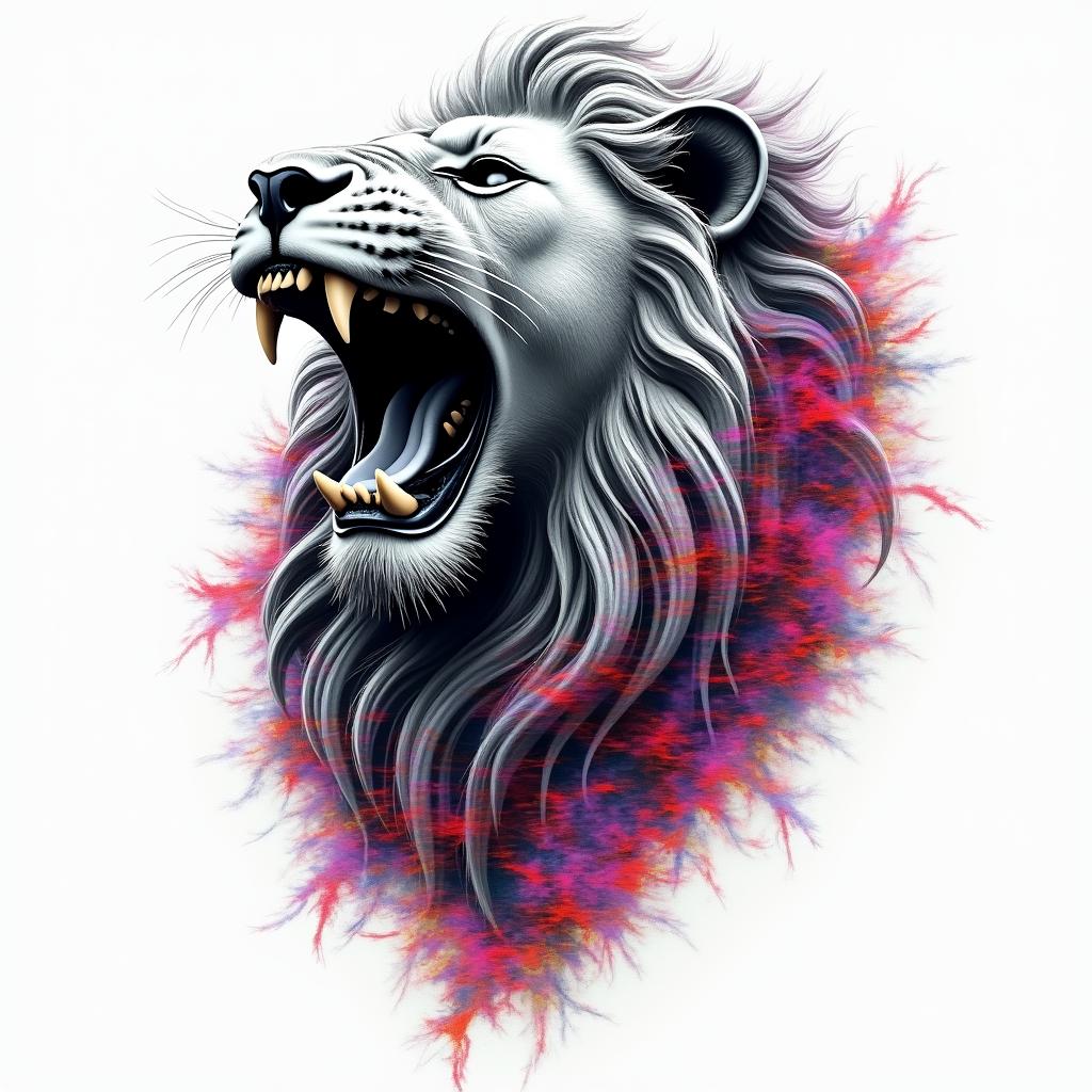 Roaring lion with flowing manein distorted and fragmented tattoo design, featuring a classical statue bust, in a glitch art style with vibrant, overlapping colors of cyan, magenta, and yellow, creating a digital distortion effect - Variation 3