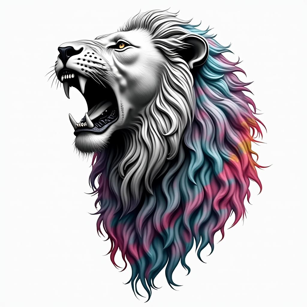 Roaring lion with flowing manein distorted and fragmented tattoo design, featuring a classical statue bust, in a glitch art style with vibrant, overlapping colors of cyan, magenta, and yellow, creating a digital distortion effect - Variation 4