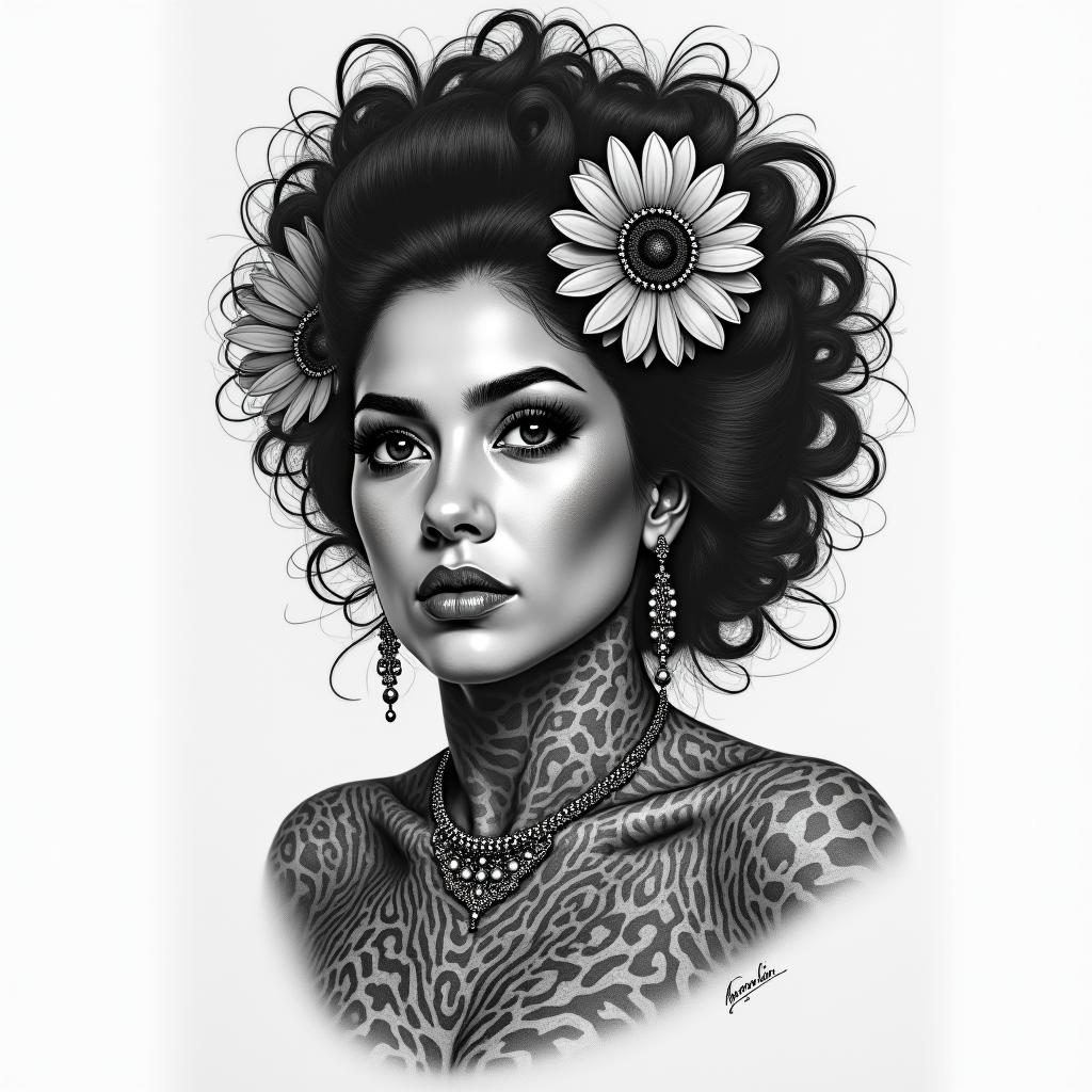 Chicanain portrait tattoo style, featuring a highly realistic and detailed depiction