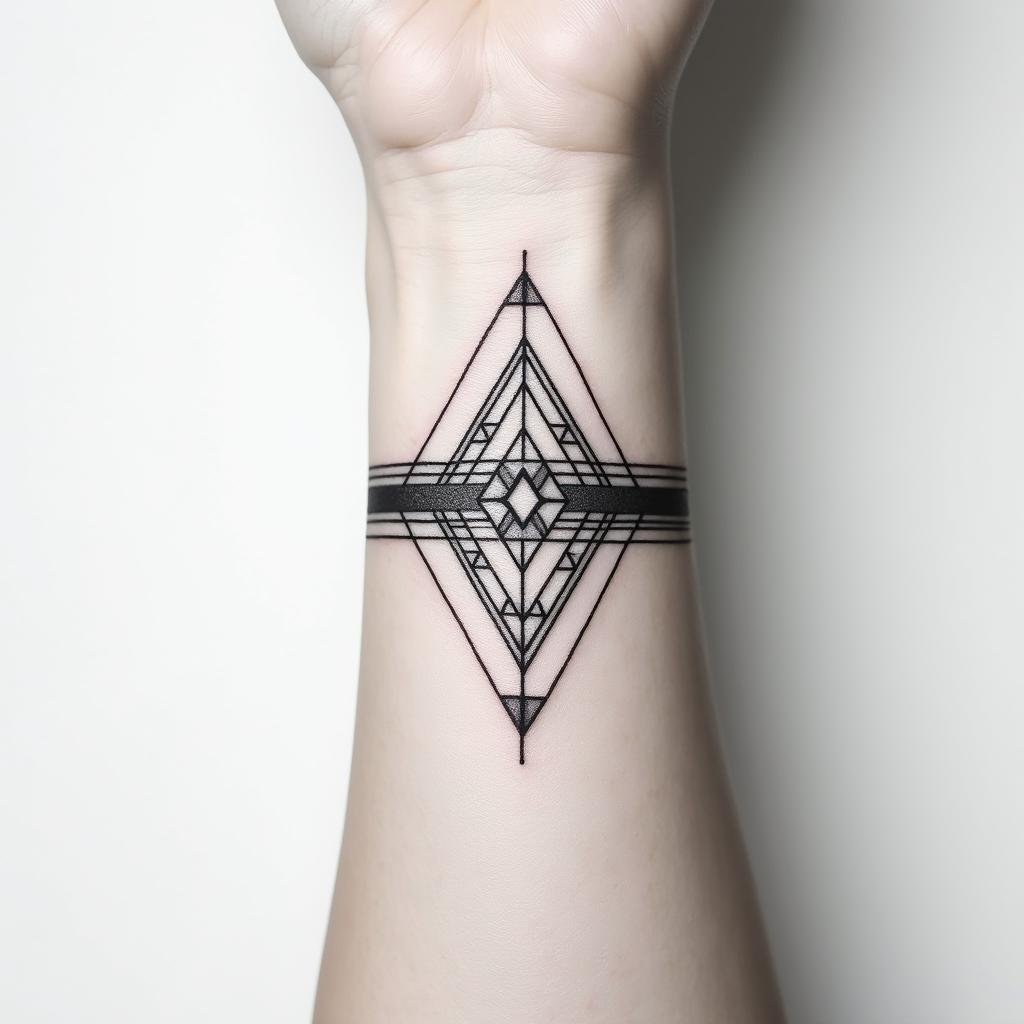 Wrist band tribal tattooin minimalist style tattoo, featuring simple shapes and fine lines, with minimal shading and details, tiny triangles, creating a sense of balance and harmony - Variation 3