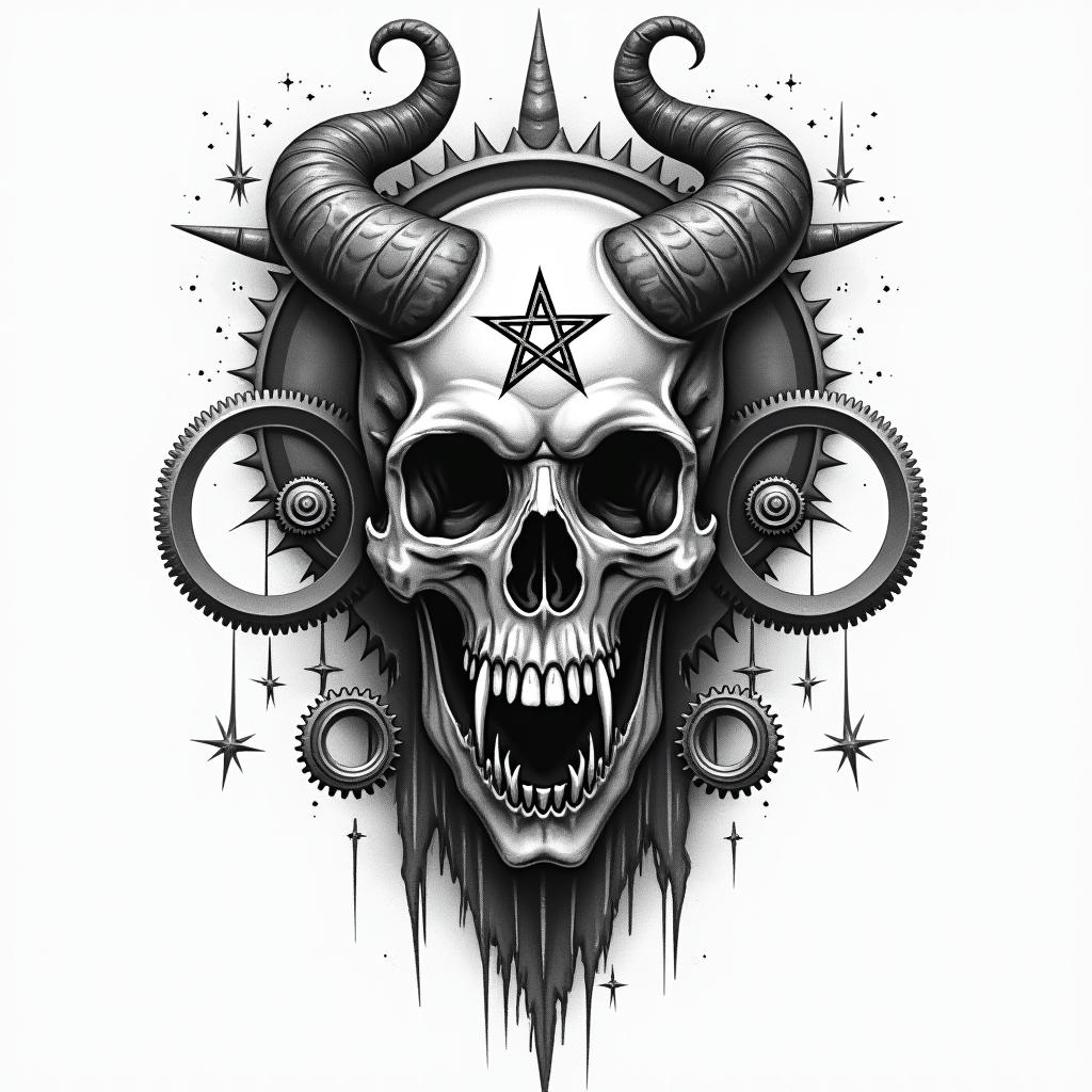 Mechanical gears merged with human anatomycreepy horror tattoo style, featuring an eerie and unsettling skull of a demonic creature, distorted face with sharp fangs, add pentagram symbol - Variation 3