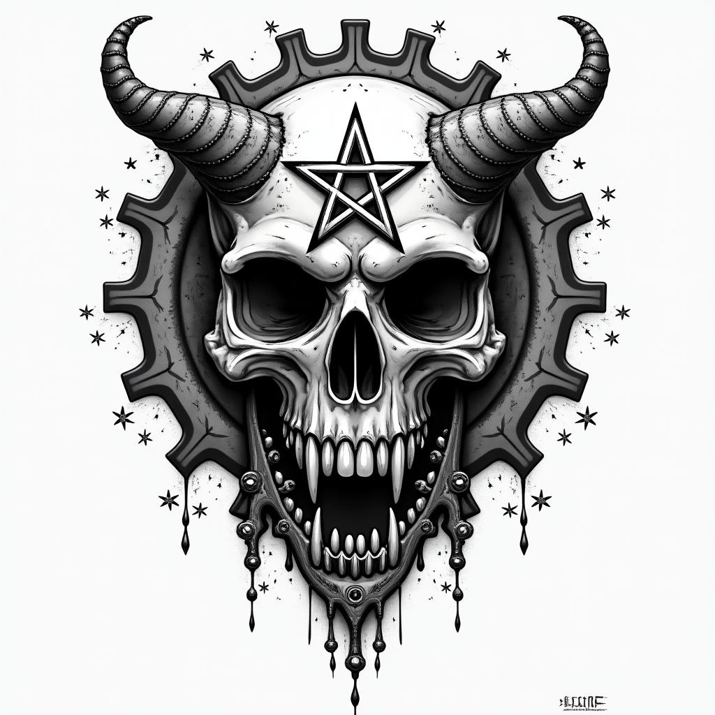 Mechanical gears merged with human anatomycreepy horror tattoo style, featuring an eerie and unsettling skull of a demonic creature, distorted face with sharp fangs, add pentagram symbol