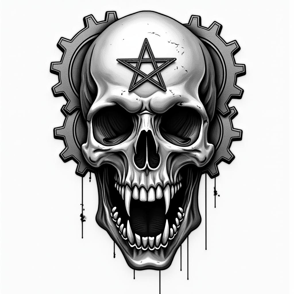 Mechanical gears merged with human anatomycreepy horror tattoo style, featuring an eerie and unsettling skull of a demonic creature, distorted face with sharp fangs, add pentagram symbol - Variation 4