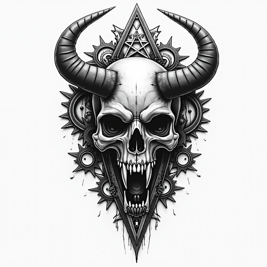 Mechanical gears merged with human anatomycreepy horror tattoo style, featuring an eerie and unsettling skull of a demonic creature, distorted face with sharp fangs, add pentagram symbol - Variation 2