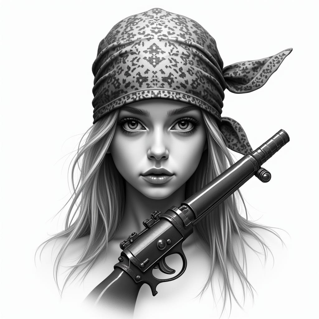 Girl gun bandannain realism tattoo style, featuring a highly detailed, lifelike, capturing every detail, photorealistic, ultra realistic, intricate shading, smooth and sharp,   - Variation 4