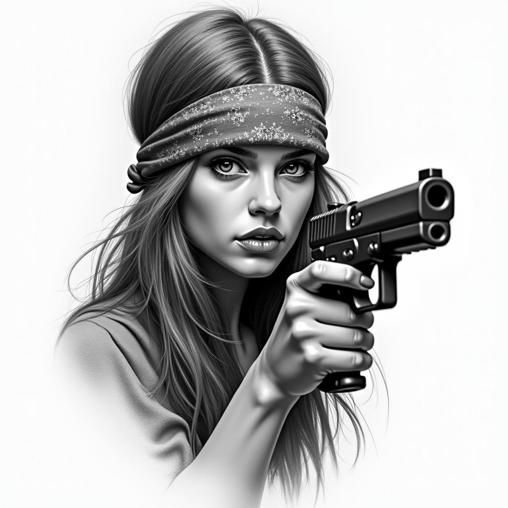 Girl gun bandannain realism tattoo style, featuring a highly detailed, lifelike, capturing every detail, photorealistic, ultra realistic, intricate shading, smooth and sharp,   - Variation 3