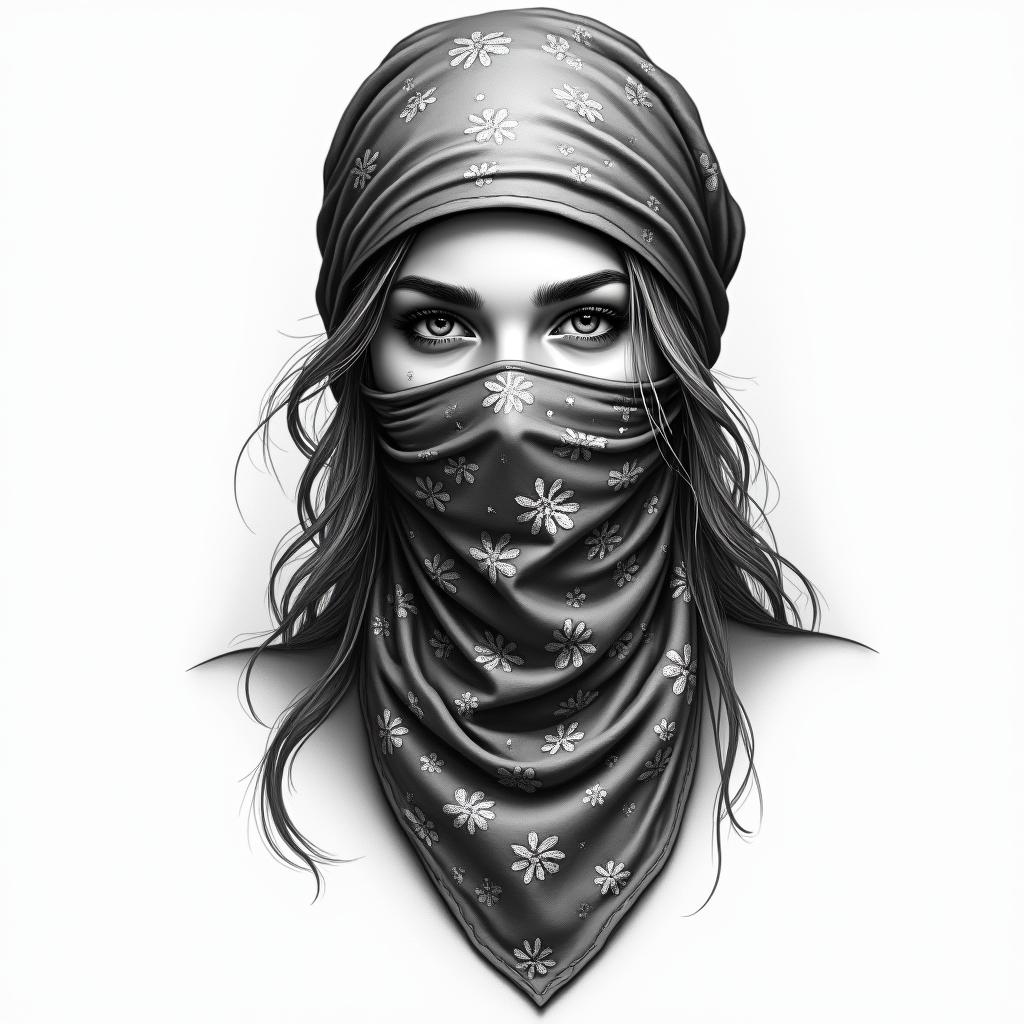Girl gun bandannain realism tattoo style, featuring a highly detailed, lifelike, capturing every detail, photorealistic, ultra realistic, intricate shading, smooth and sharp,   - Variation 2