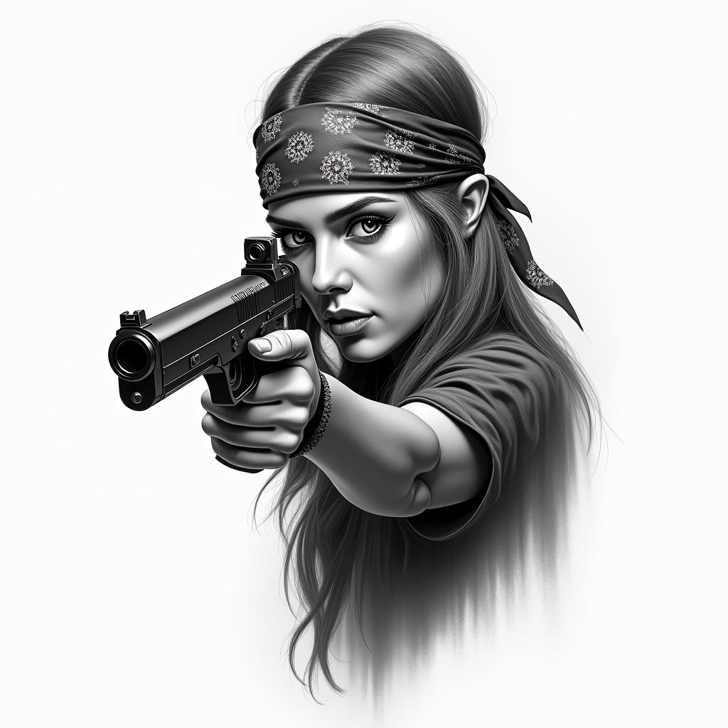 Girl gun bandannain realism tattoo style, featuring a highly detailed, lifelike, capturing every detail, photorealistic, ultra realistic, intricate shading, smooth and sharp,  