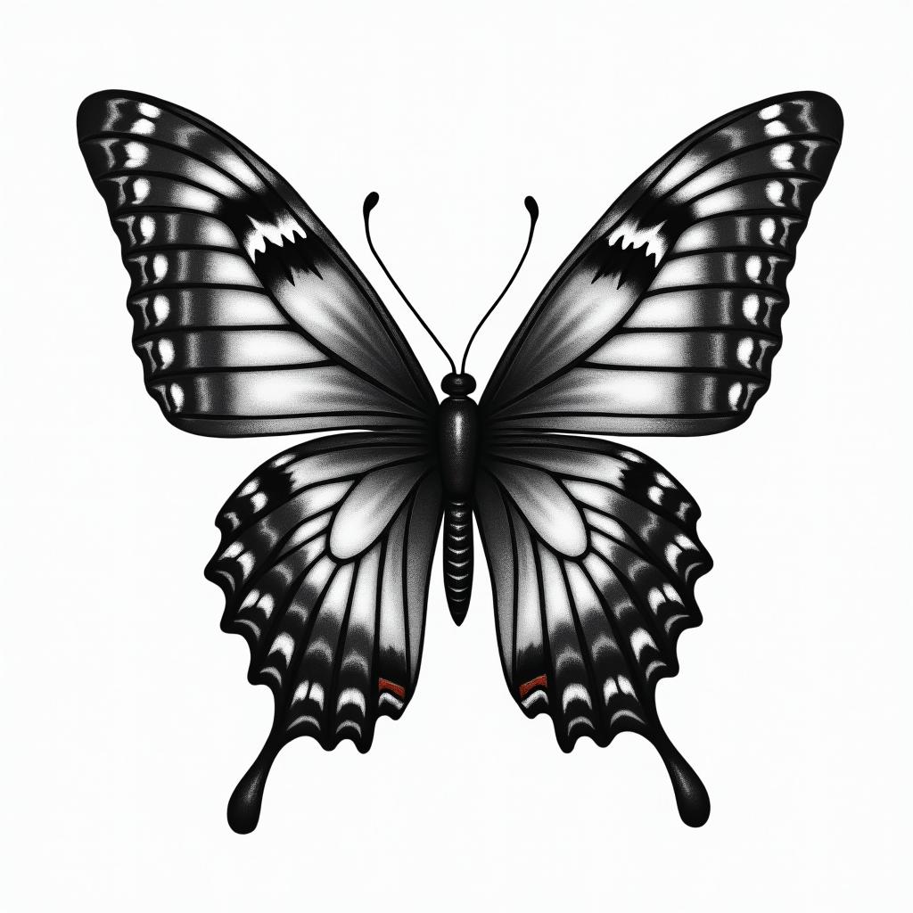 Butterfly with intricate wing patterns to represent sexual trauma survivors in authentic tattoo style, incorporating traditional modifications, bold black outlines, solid color fills, featuring classic authentic elements - Variation 1