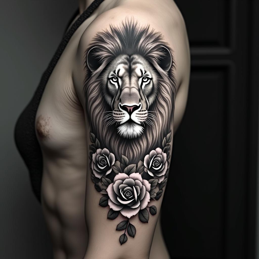 Lion and lioness with leaves and English roses sleevein realism tattoo style, featuring a highly detailed, lifelike, capturing every detail, photorealistic, ultra realistic, intricate shading, smooth and sharp,   - Variation 2