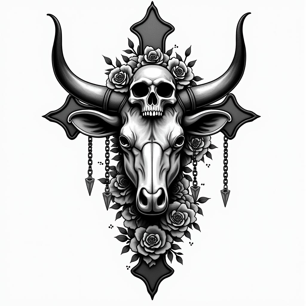 Ox and rose
in chicano style tattoo, featuring intricate black and grey shading, bold elements of traditional chicano culture symbols, add a big cross with skull, chains and roses