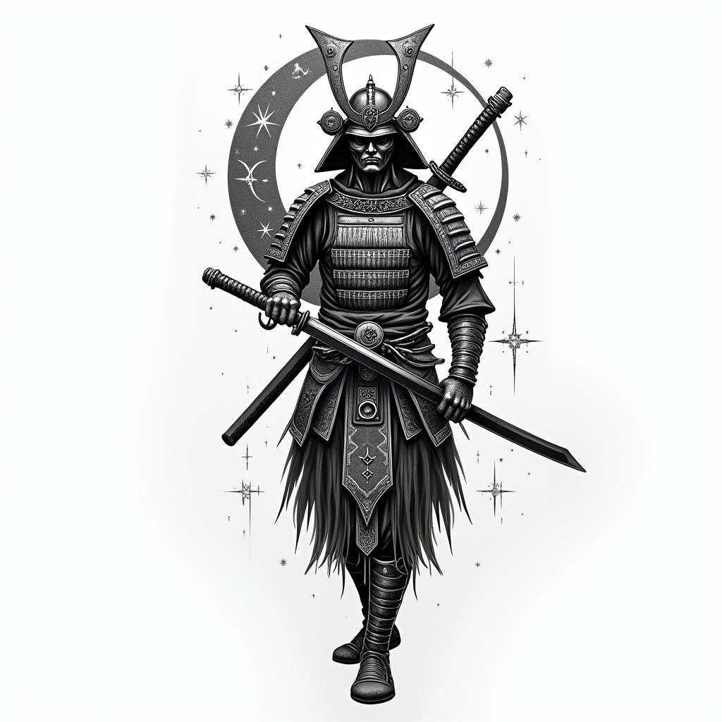 Samurai with a katanain paganic style tattoo, featuring ancient symbols, add vegvisir symbol, mystical figures, incorporating designs, pentagrams, runes, crescent moons, - Variation 8