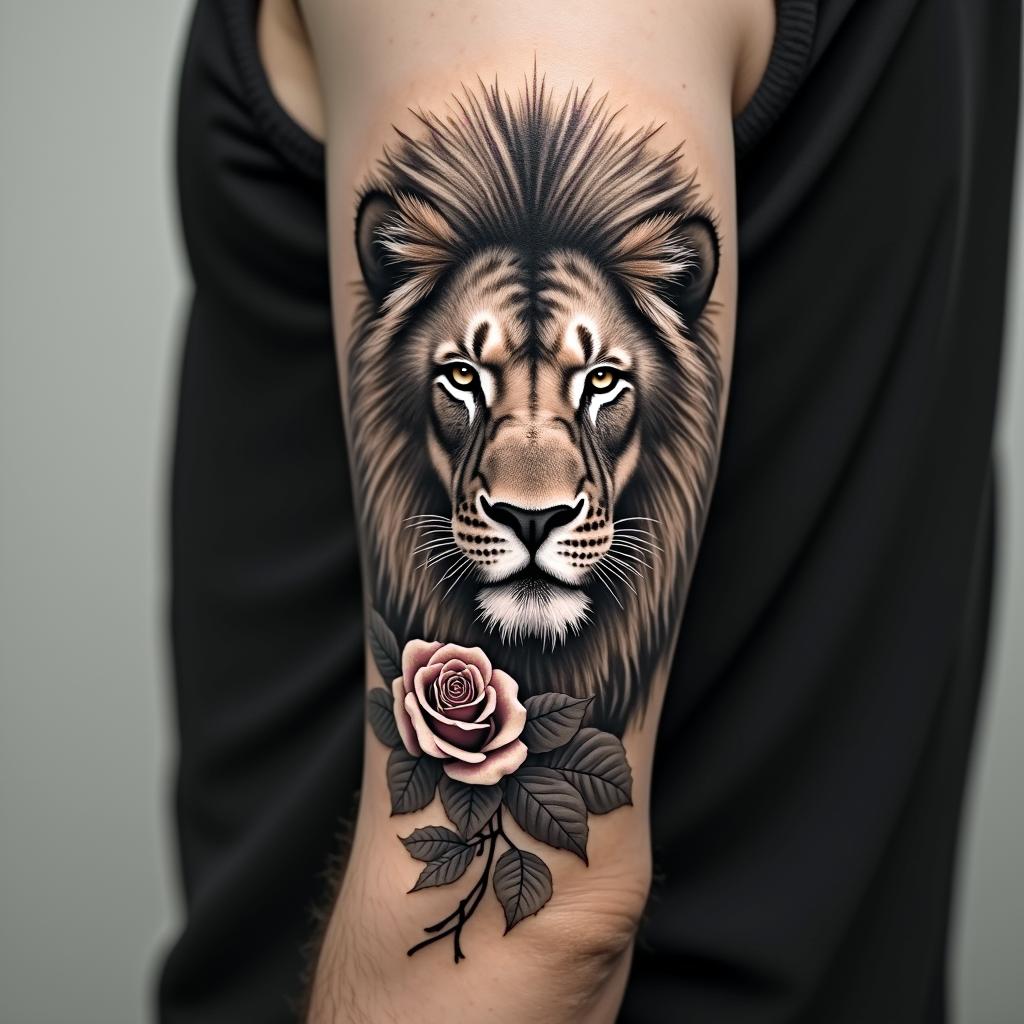 Real picture Lion and lioness with leaves and English roses sleevein realism tattoo style, featuring a highly detailed, lifelike, capturing every detail, photorealistic, ultra realistic, intricate shading, smooth and sharp, - Variation 4
