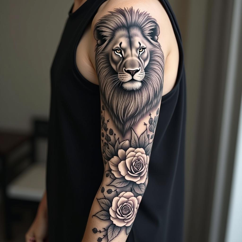 Real picture Lion and lioness with leaves and English roses sleevein realism tattoo style, featuring a highly detailed, lifelike, capturing every detail, photorealistic, ultra realistic, intricate shading, smooth and sharp,  