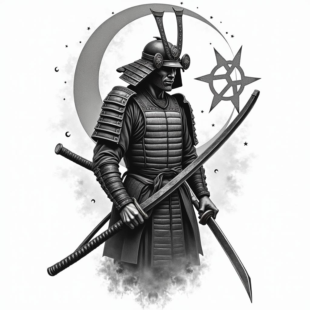 Samurai with a katanain paganic style tattoo, featuring ancient symbols, add vegvisir symbol, mystical figures, incorporating designs, pentagrams, runes, crescent moons, - Variation 7