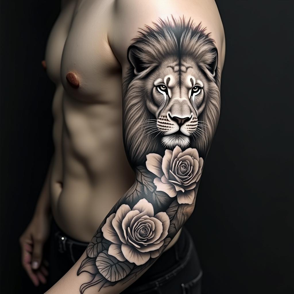 Real picture Lion and lioness with leaves and English roses sleevein realism tattoo style, featuring a highly detailed, lifelike, capturing every detail, photorealistic, ultra realistic, intricate shading, smooth and sharp, - Variation 2