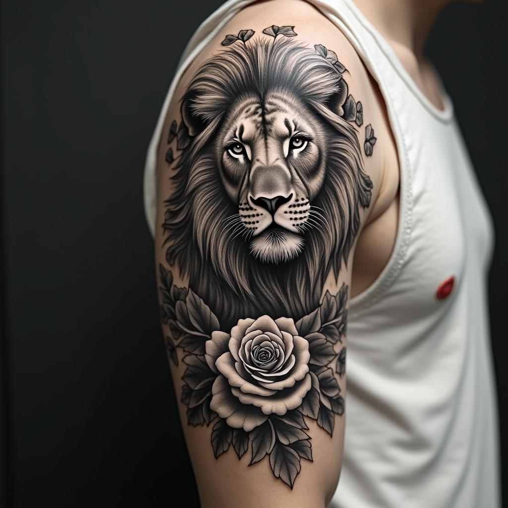 Real picture Lion and lioness with leaves and English roses sleevein realism tattoo style, featuring a highly detailed, lifelike, capturing every detail, photorealistic, ultra realistic, intricate shading, smooth and sharp, - Variation 3