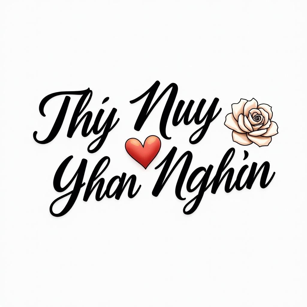 Thuy Nga Nguyenin elegant cursive calligraphy style 2d tattoo, decorate with roses, featuring a smooth and flowing handwritten script with slightly thickened strokes for a luxurious and bold appearance,  heart symbol between names,  sleek and glossy black text with shadowing, minimalist matte white background, clean and sharp edges, illuminated with soft lighting, romantic, 8k, high-quality textures with refined typography - Variation 2