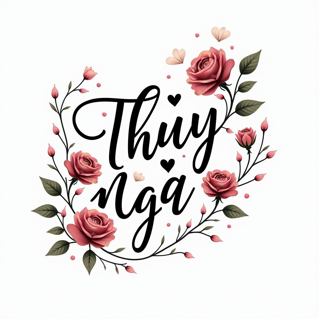 Thuy Nga Nguyenin elegant cursive calligraphy style 2d tattoo, decorate with roses, featuring a smooth and flowing handwritten script with slightly thickened strokes for a luxurious and bold appearance,  heart symbol between names,  sleek and glossy black text with shadowing, minimalist matte white background, clean and sharp edges, illuminated with soft lighting, romantic, 8k, high-quality textures with refined typography - Variation 4